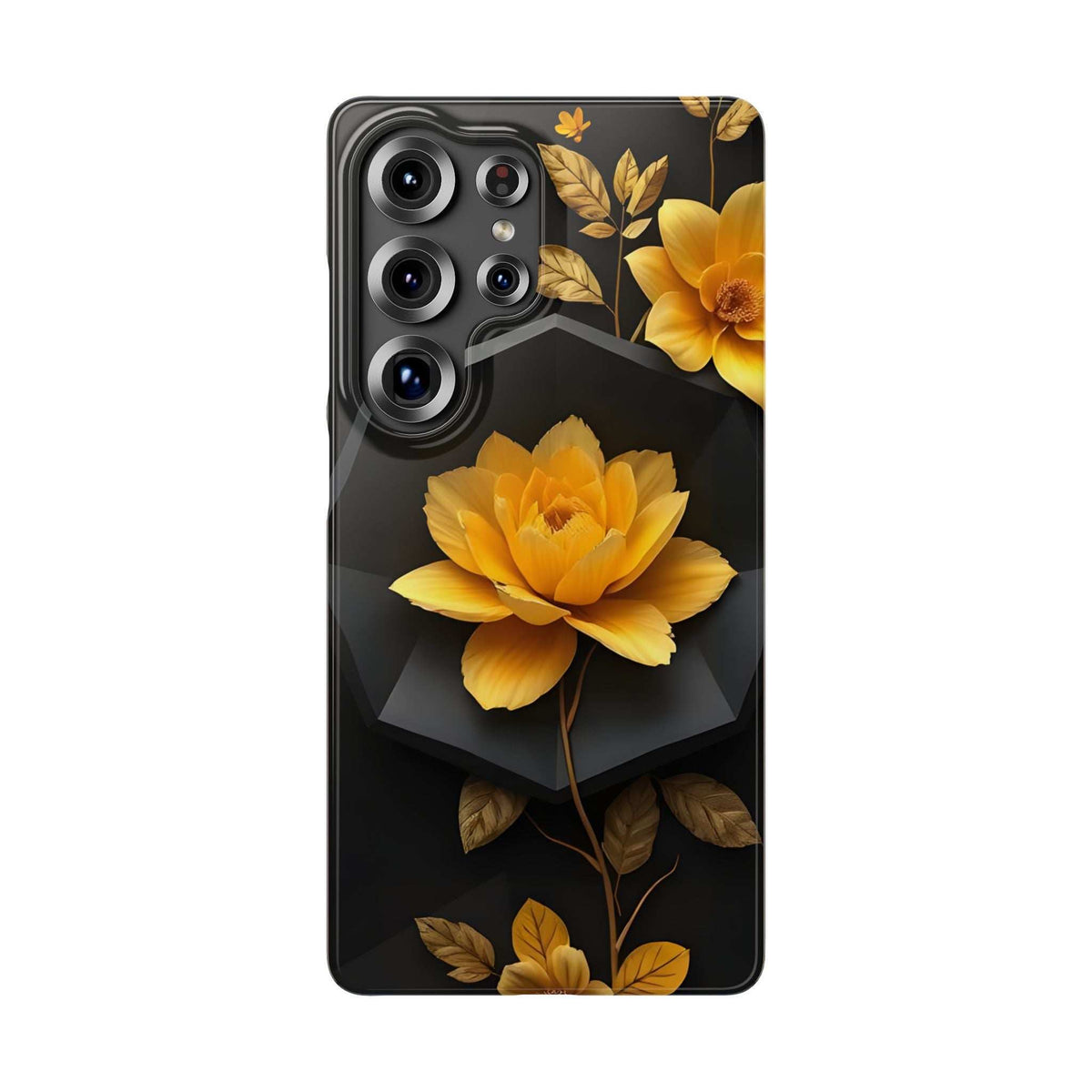 Phone case showing yellow bloom and leaf accents on dark background; visible camera lenses.