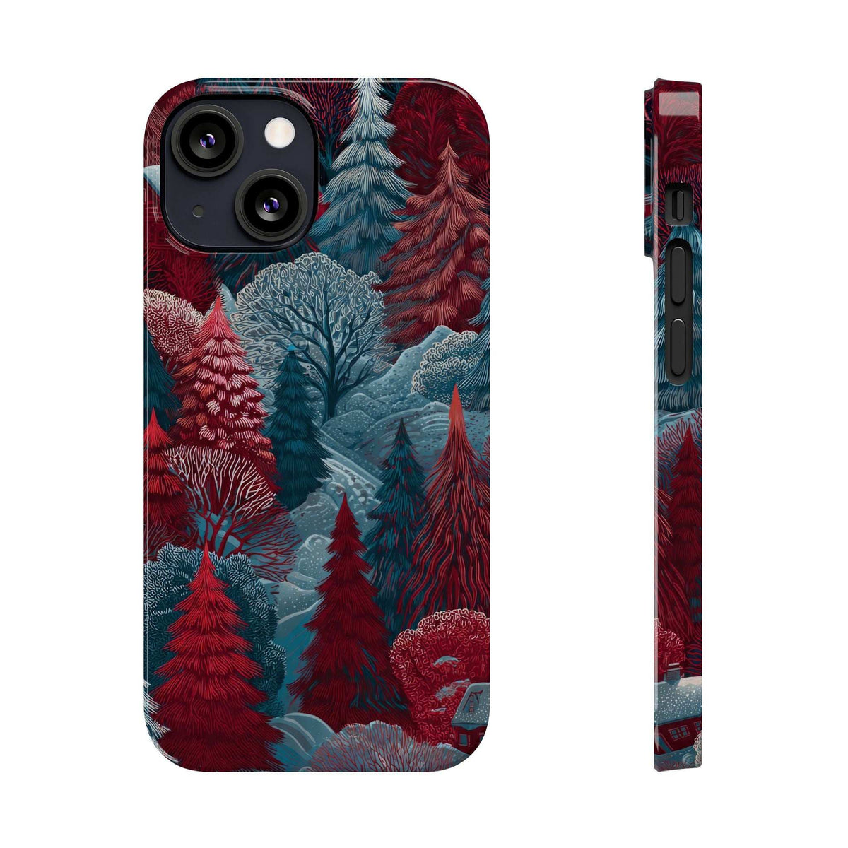 Phone case front and side view with red and blue woodland artwork and camera openings
