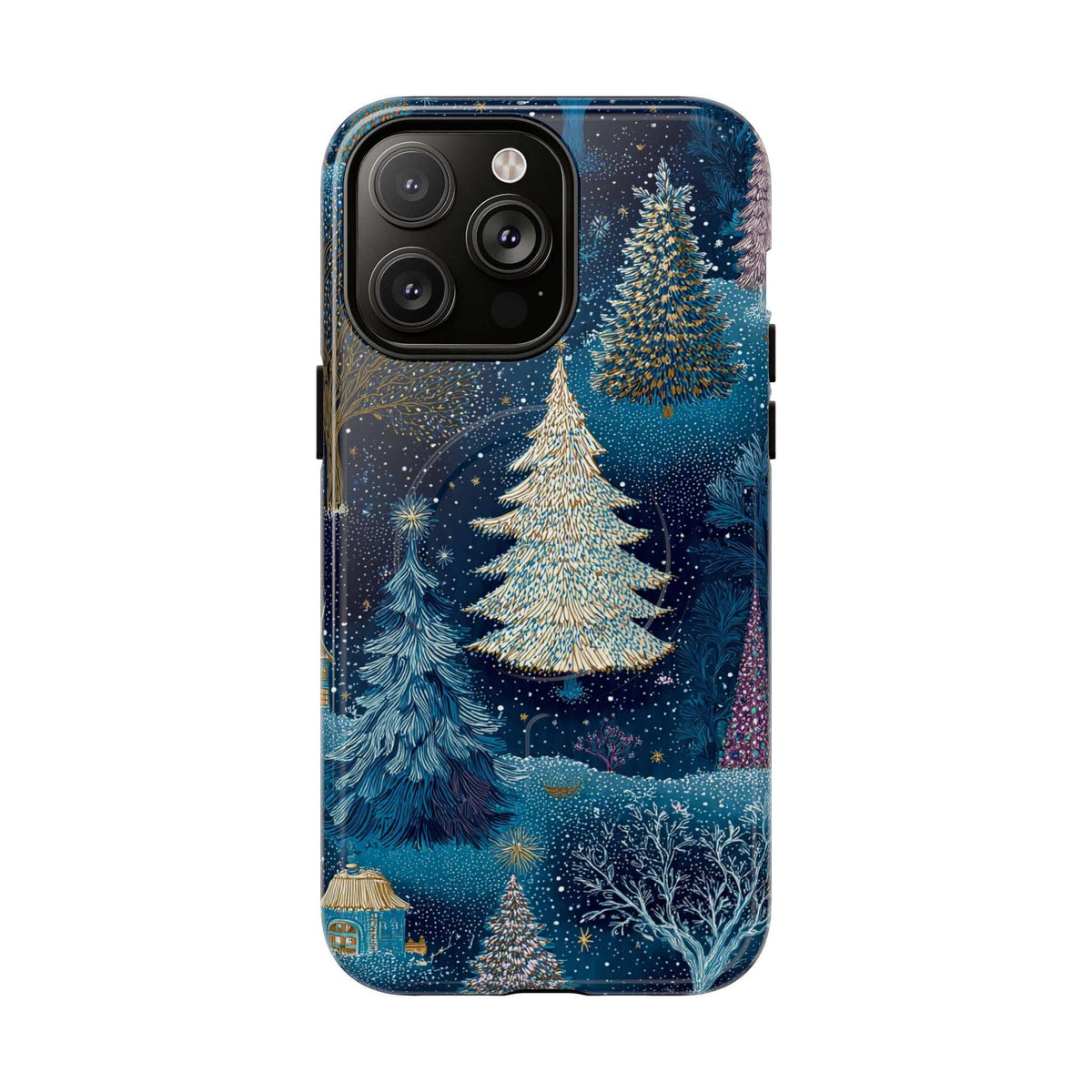 Glossy winter forest phone case in deep blue with glitter snow; camera cutout visible.