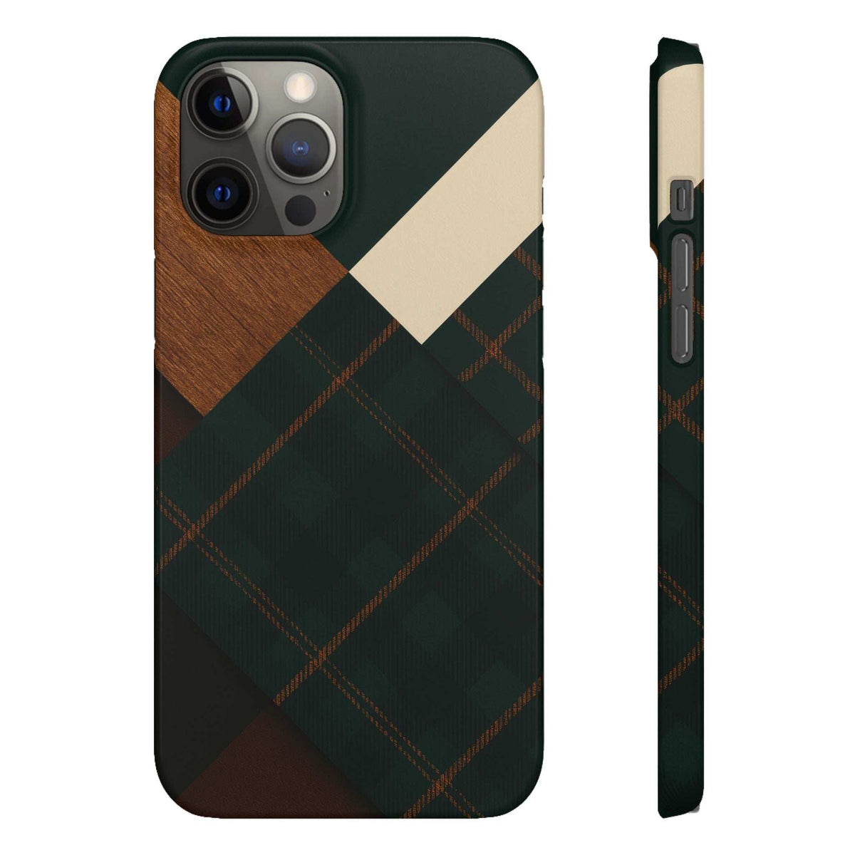 Dark green phone case with tan patch and plaid pattern; camera cutouts visible.