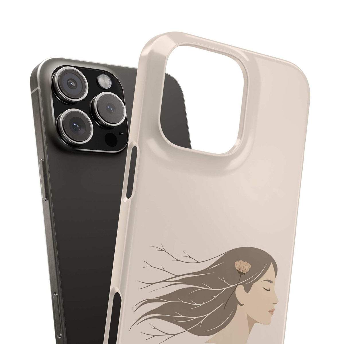 Cream phone case with floral woman line art, camera cutout and protective side bumper