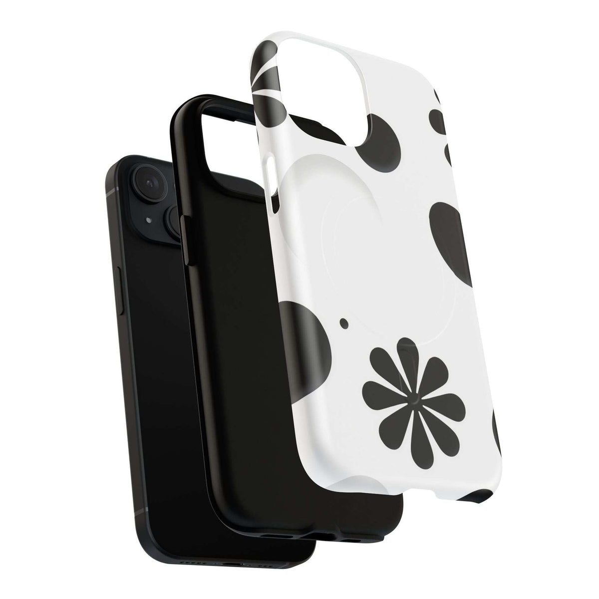 Magnetic phone case set: white flower-printed case with side grips and dark back case