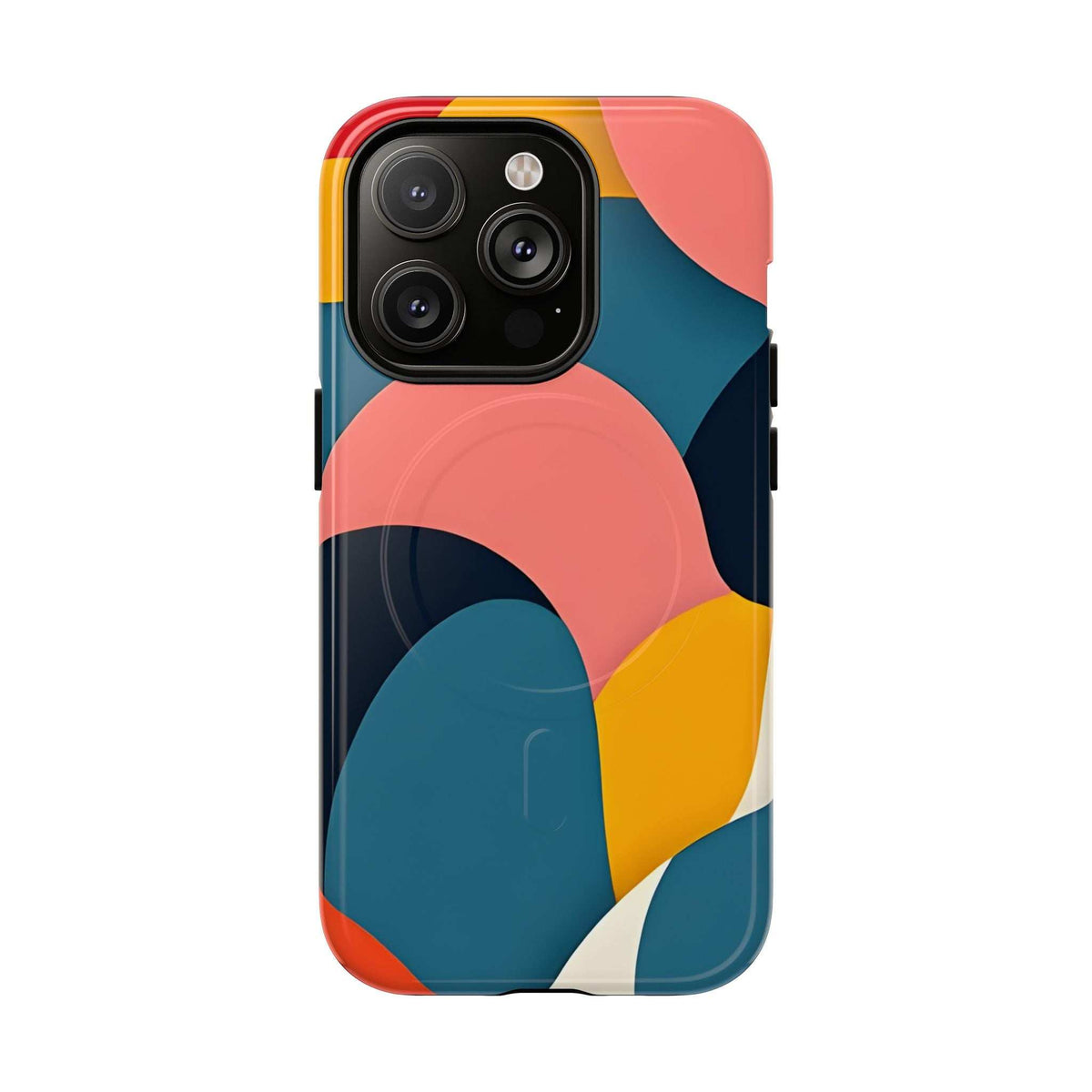 Colorful abstract iPhone phone case with coral circle, teal wave, and yellow triangle camera cutout