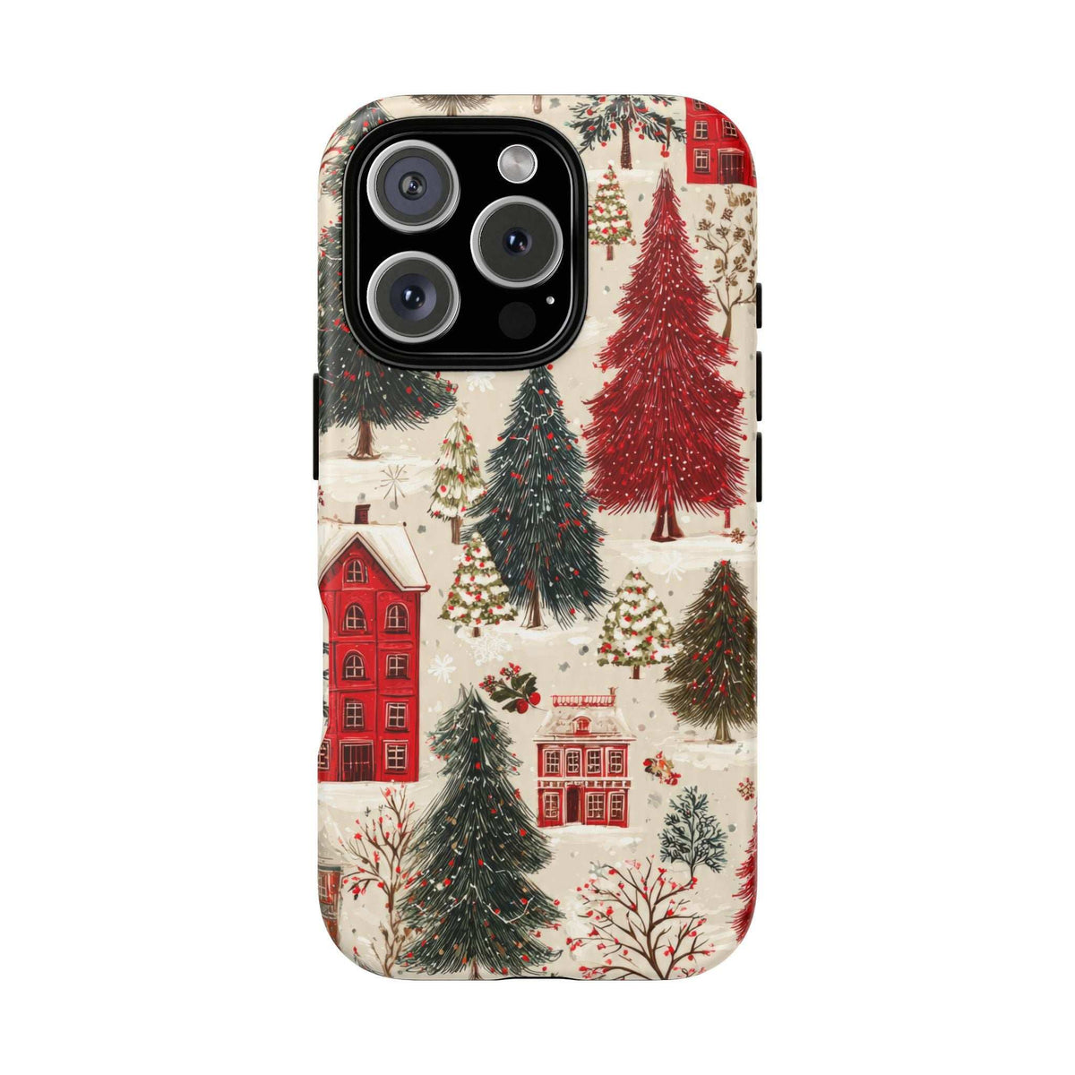Winter village phone case with red town houses and snow fir trees; multi-lens camera area