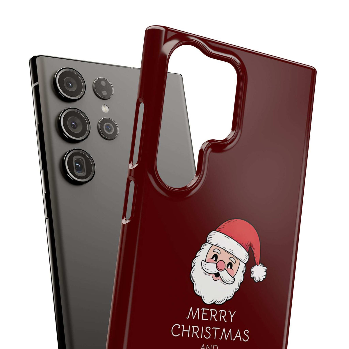 Glossy crimson phone case with Santa graphic, front opening, and camera cutouts