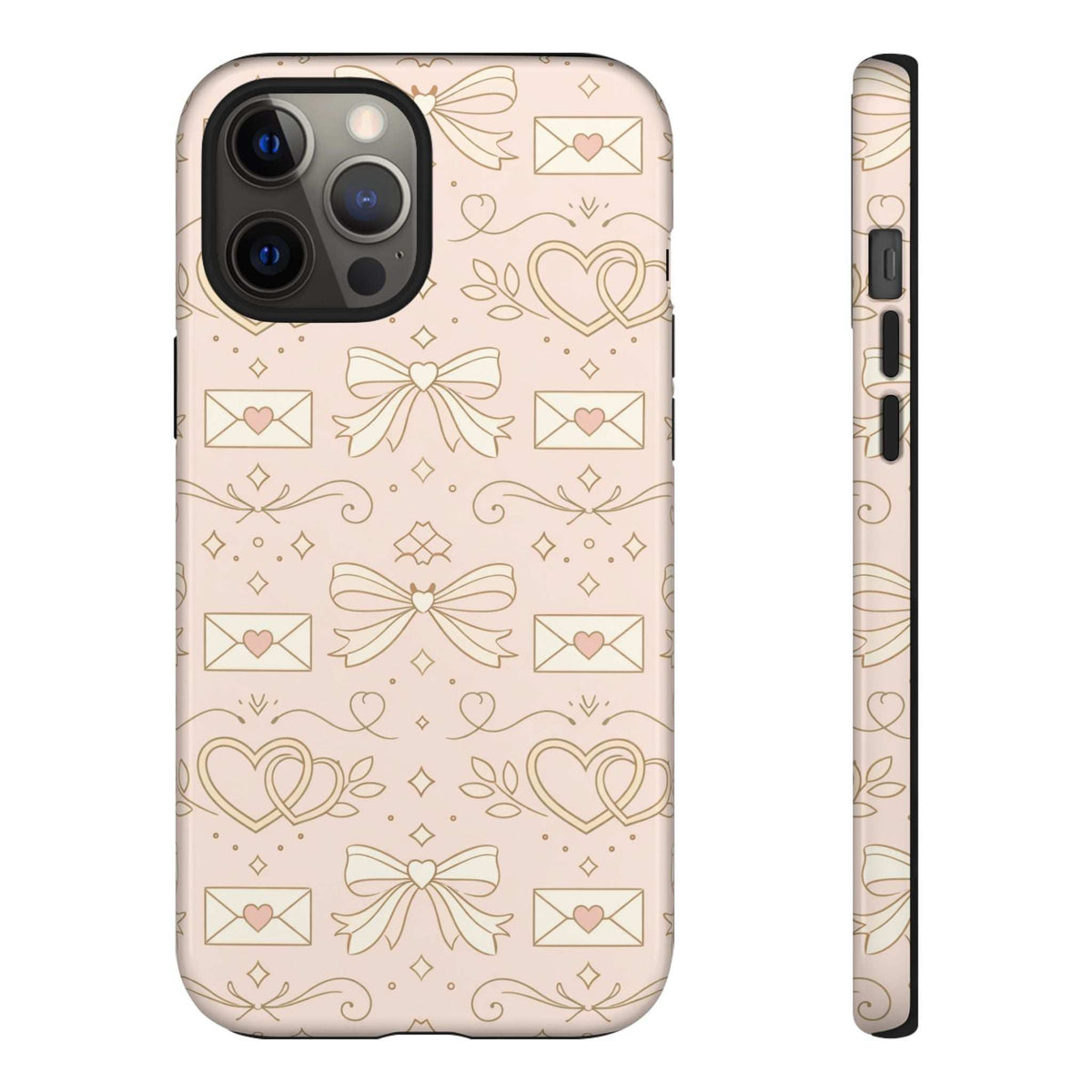 Peach phone case with gold heart and bow line pattern; front camera openings and side view