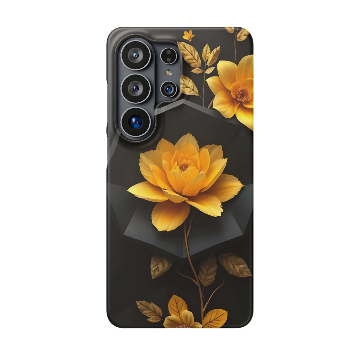 Phone case with yellow bloom and gold leaves on dark background; camera cutouts at top-left.