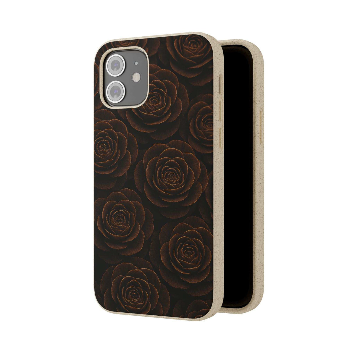 Wooden rose-pattern phone case, dark floral front with partial open-back view