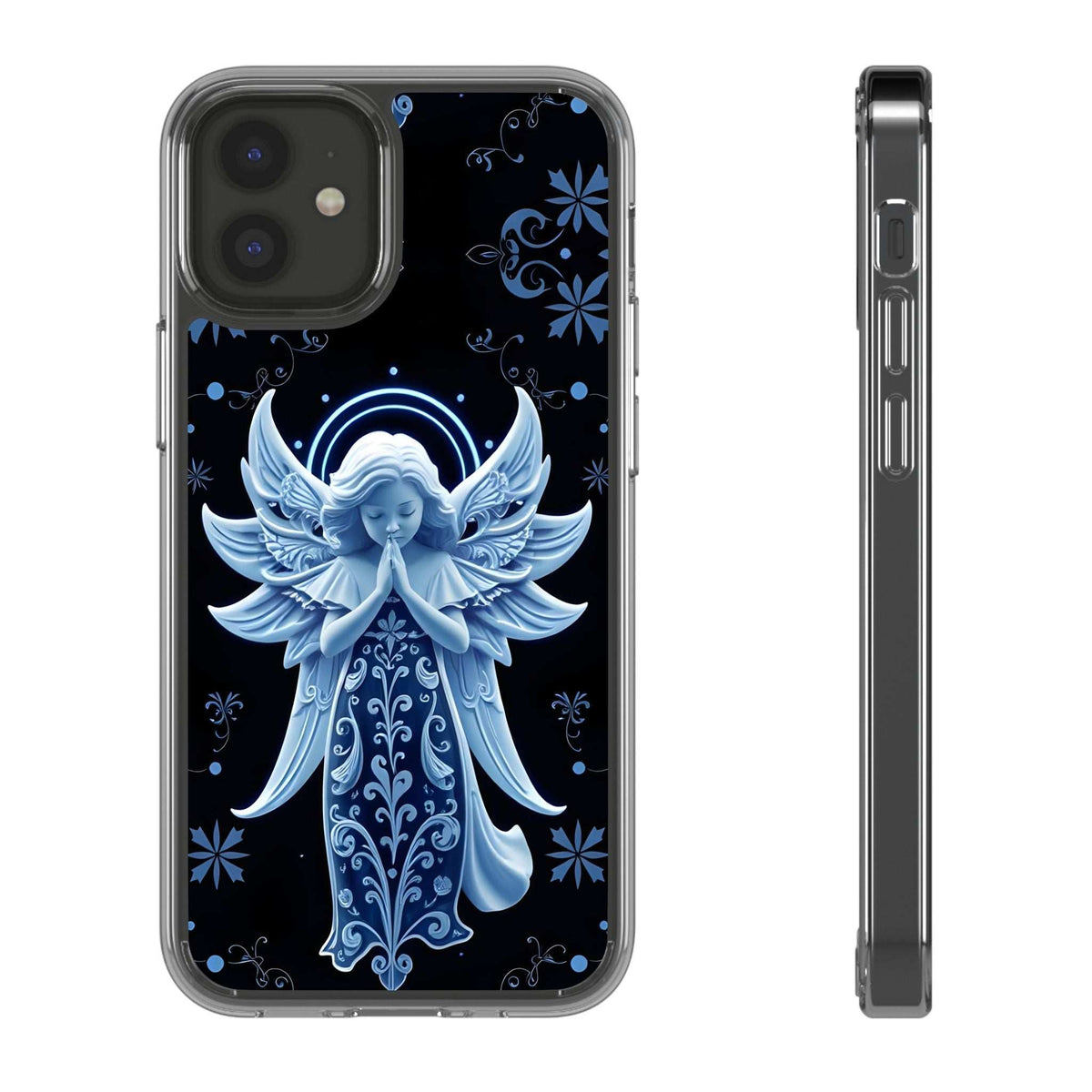Phone case featuring a blue glowing angel prayer illustration with dark background