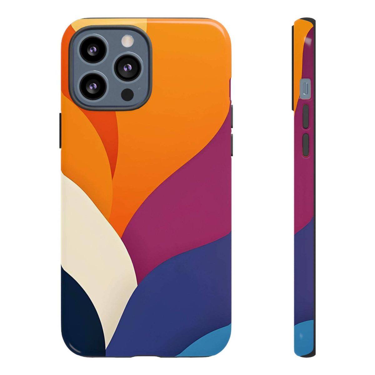 Abstract phone case with orange top, magenta center, navy bottom and cream curve details.