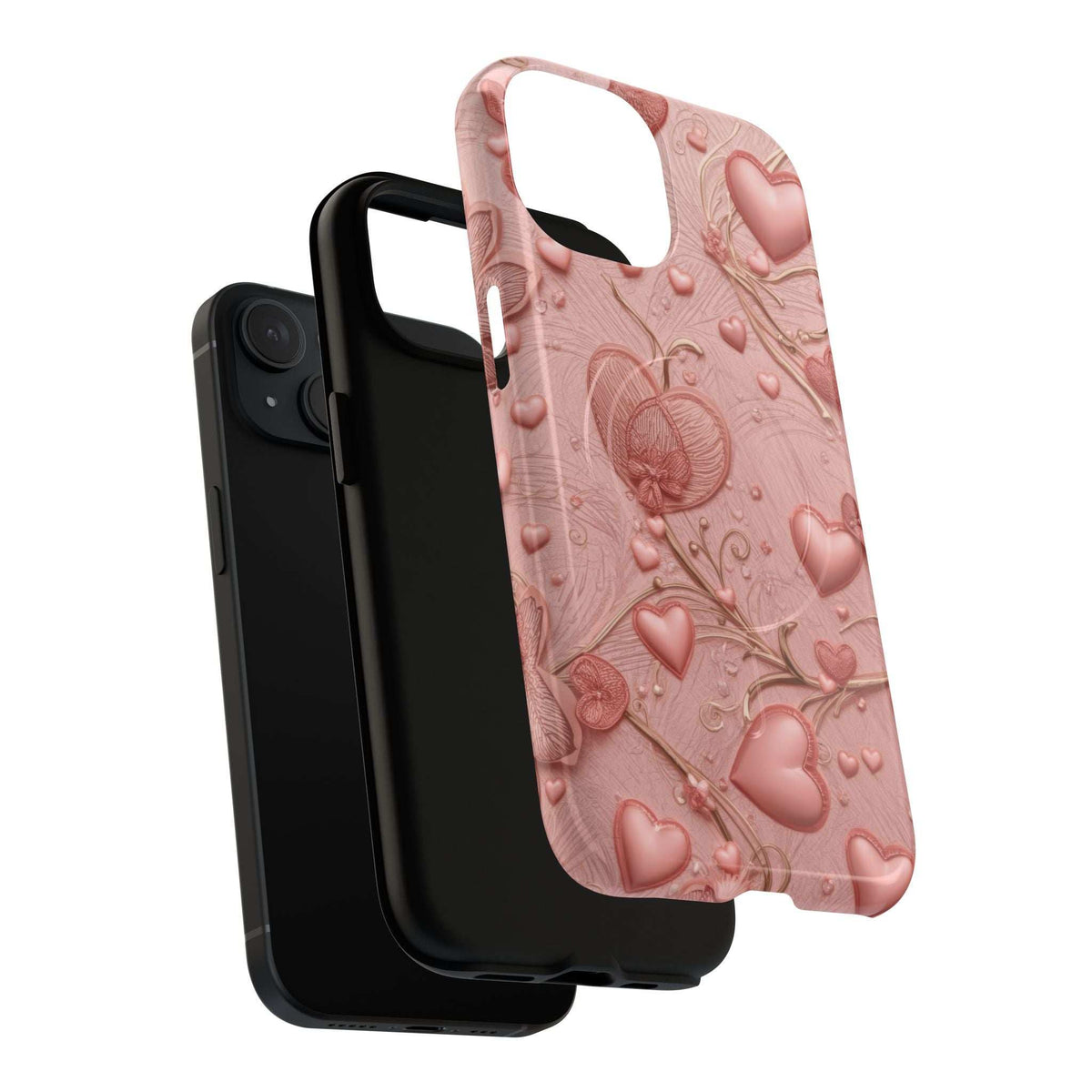 iPhone 13-17 phone case, pink heart pattern with side buttons and camera cutout