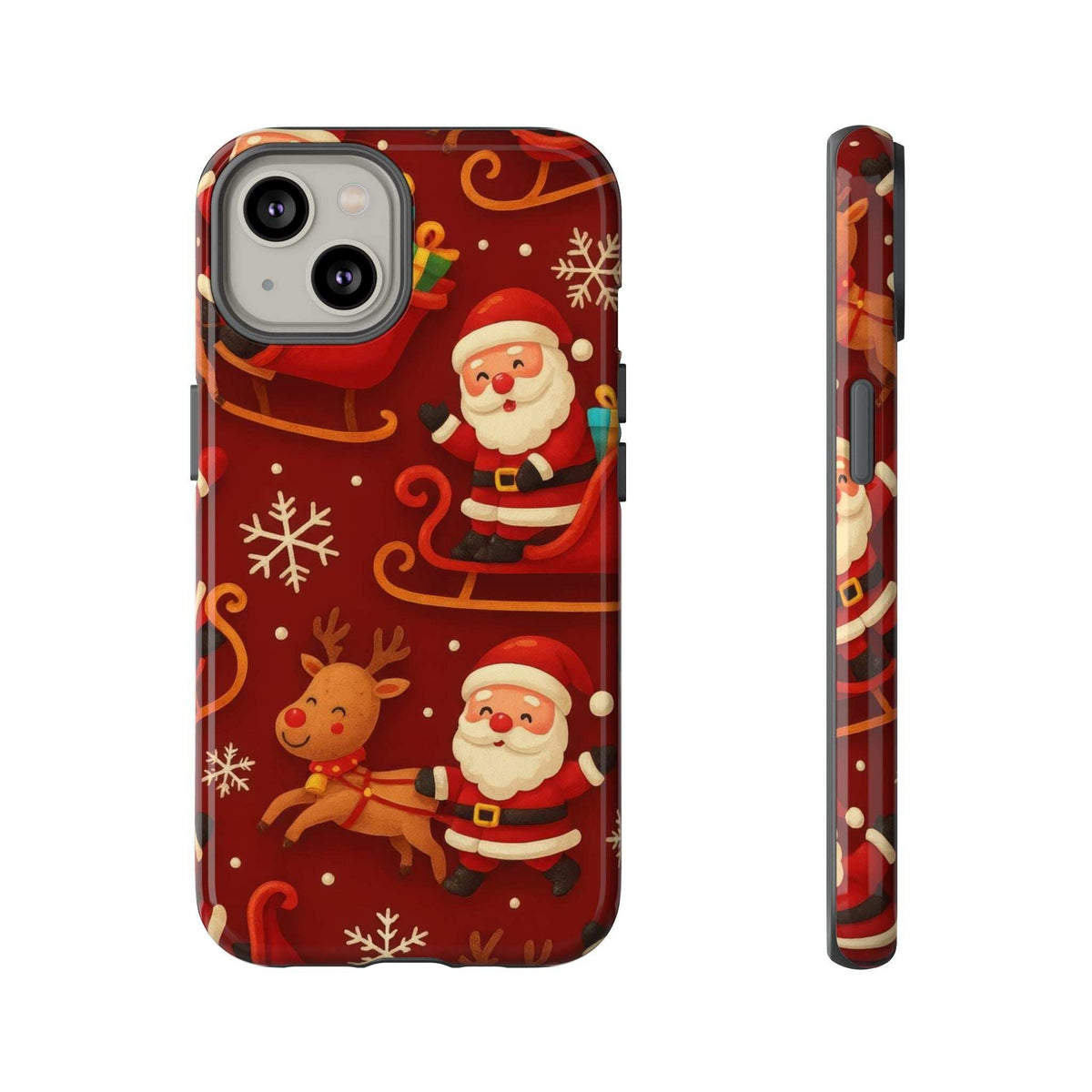 Santa in red sleigh with reindeer phone case, snowflake pattern, glossy, side profile