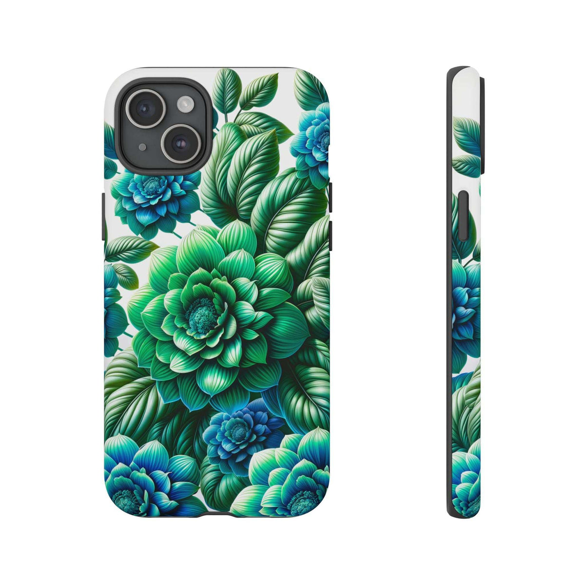 Floral phone case featuring green and blue flowers and leaves; side edge and back shown