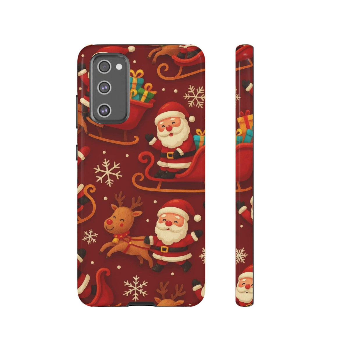 Christmas Santa and reindeer sleigh phone case with snowflakes, glossy finish