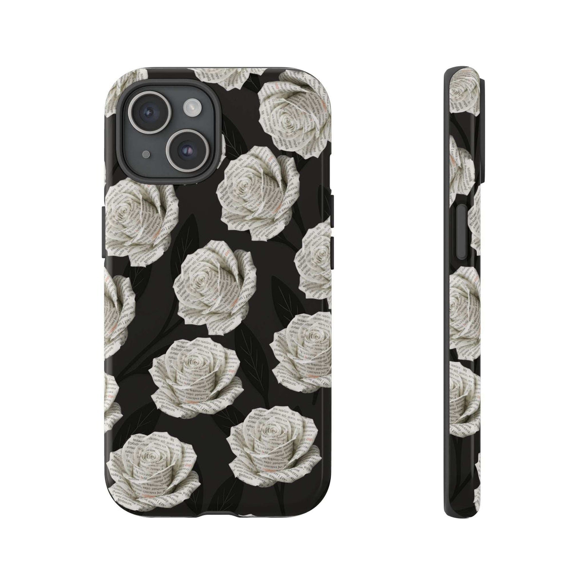 Phone case, black with white rose pattern, triple camera cutout and raised edges