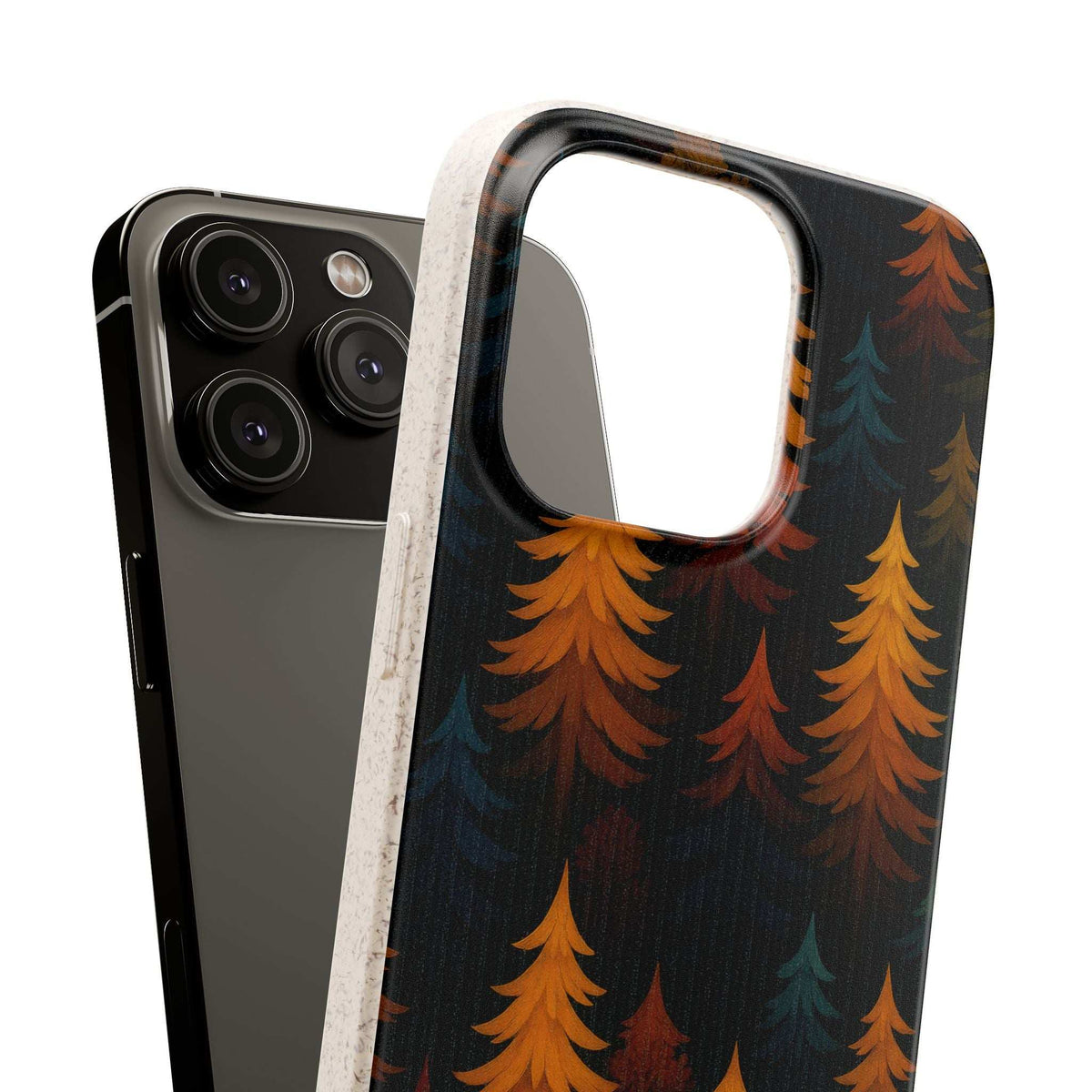 Biodegradable phone case in dark forest tree print with open ring around camera window
