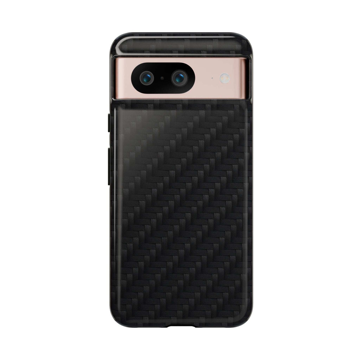 Black carbon-fiber phone case with dual camera cutouts and glossy top frame