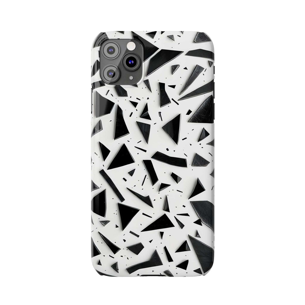 Slim phone case with black and white abstract shards, detailed camera module cutouts