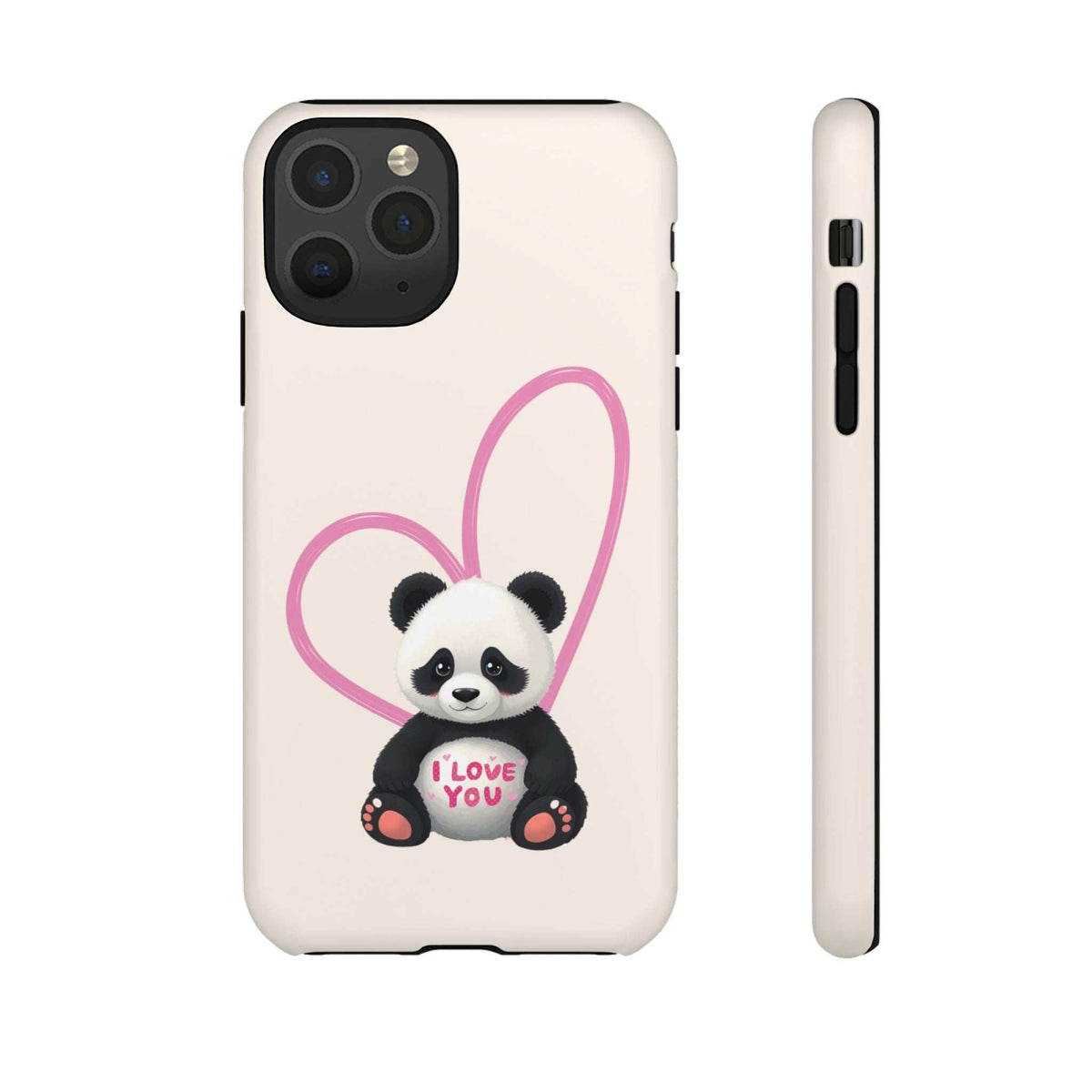 Beige phone case with panda in pink heart shape and “I LOVE YOU” lettering; back and side