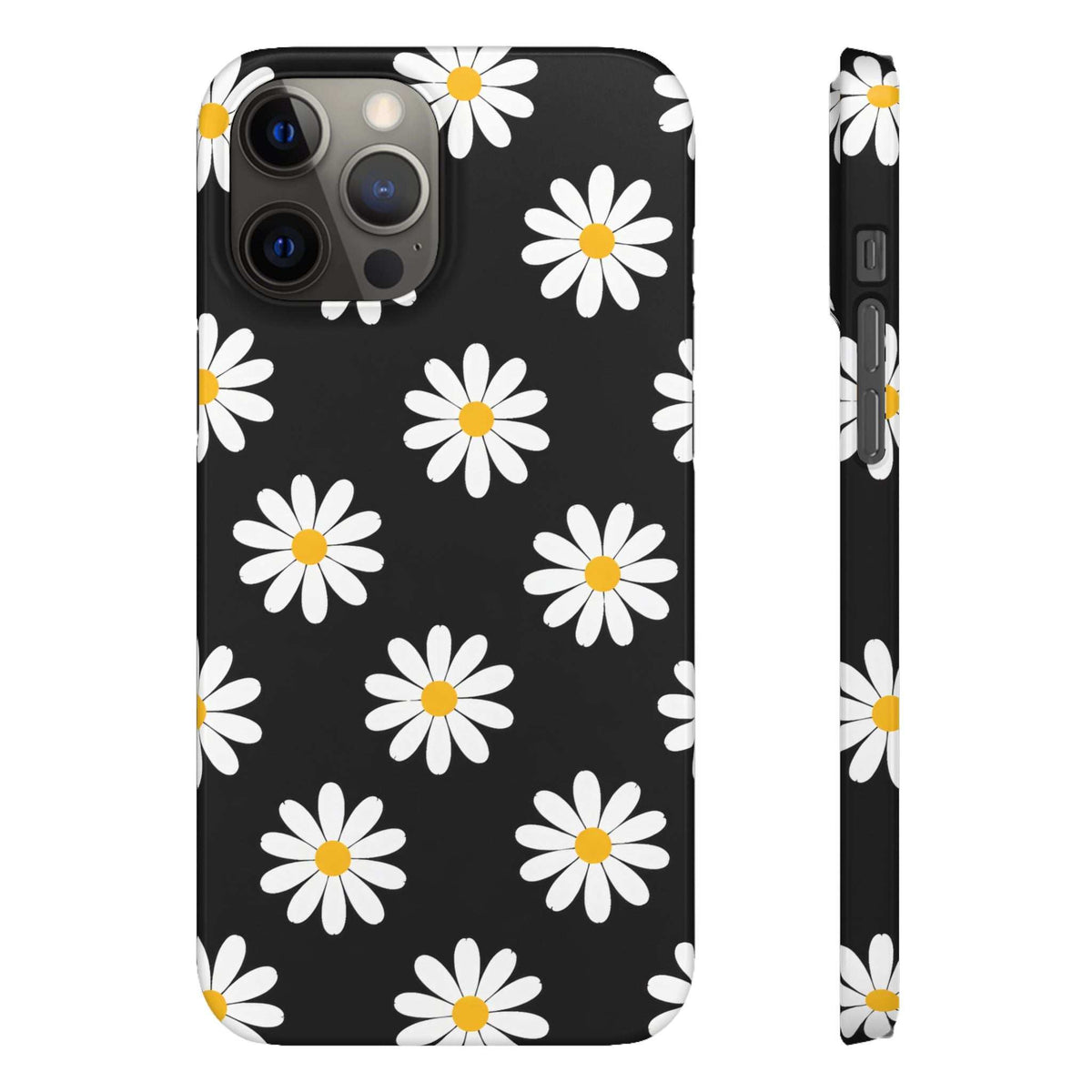 Black phone case front view with white daisy pattern and yellow centers, camera openings visible.