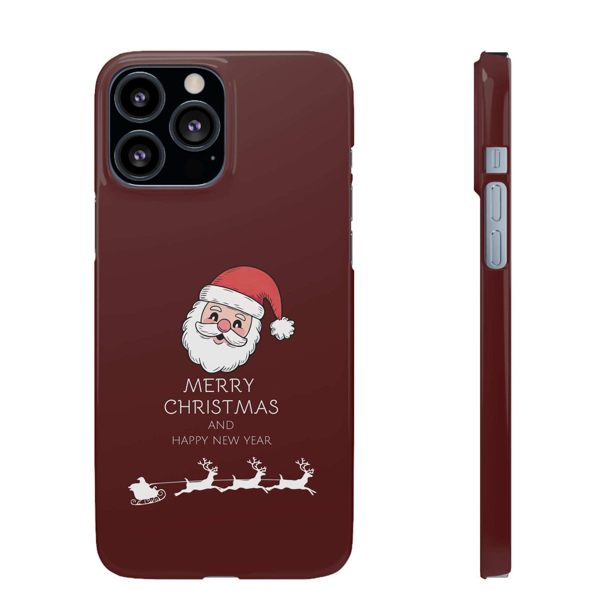 Maroon glossy phone case featuring Santa, “MERRY CHRISTMAS,” and “HAPPY NEW YEAR,” cutouts