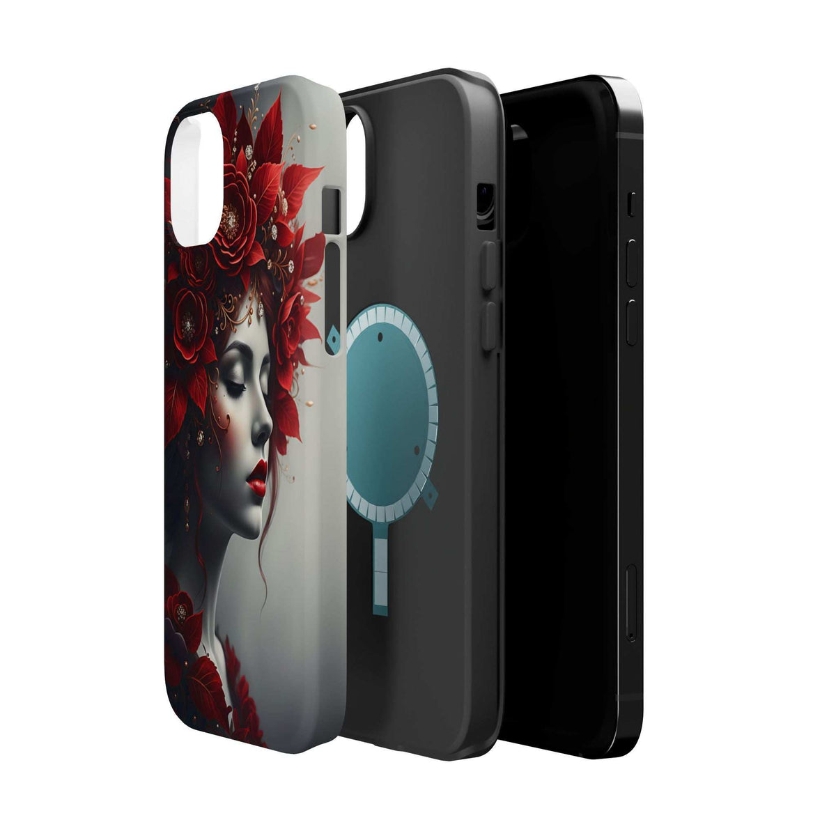 Phone case portrait artwork with red flowers and woman's face, side profile with port openings