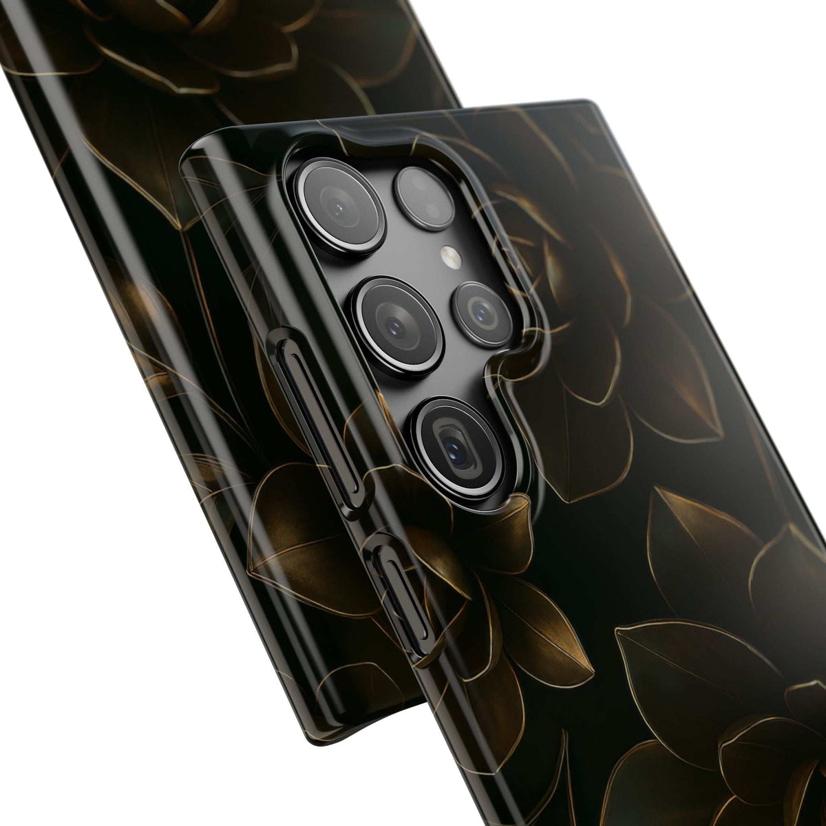 Glossy metal flower phone case with camera cutouts, dark floral pattern and ring details