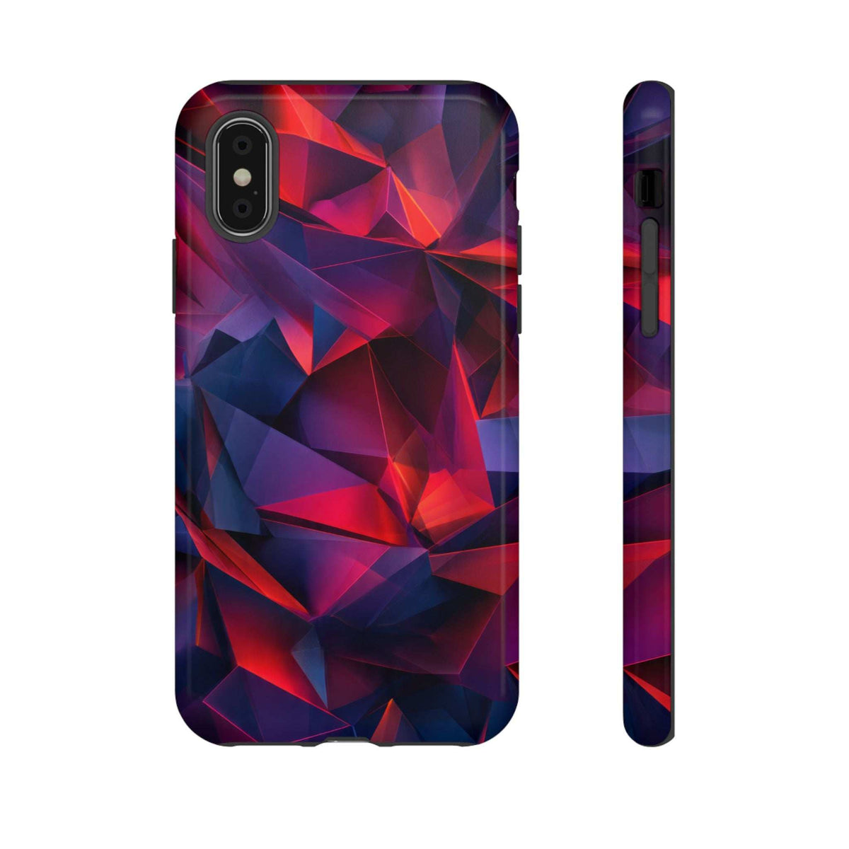 Glossy crystalline prism phone case with camera cutout, red and blue triangular facets