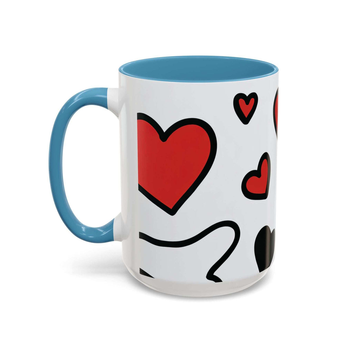 Light blue and white love-themed accent coffee mug with large red heart face graphic