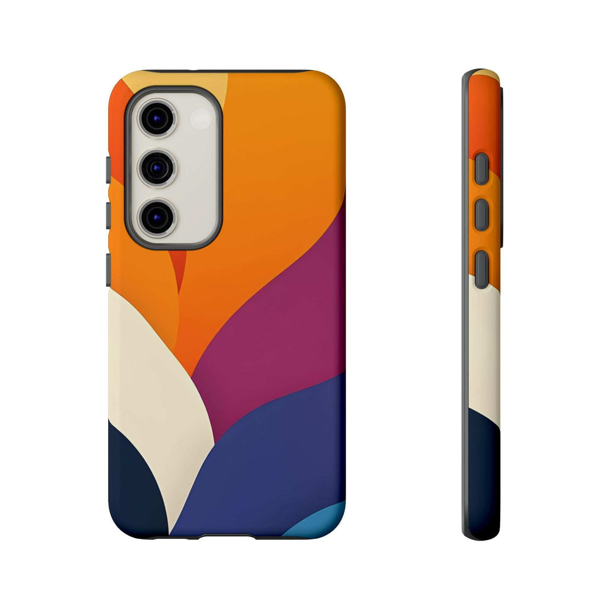 Phone case with orange and magenta abstract pattern on cream and navy; thin side profile.