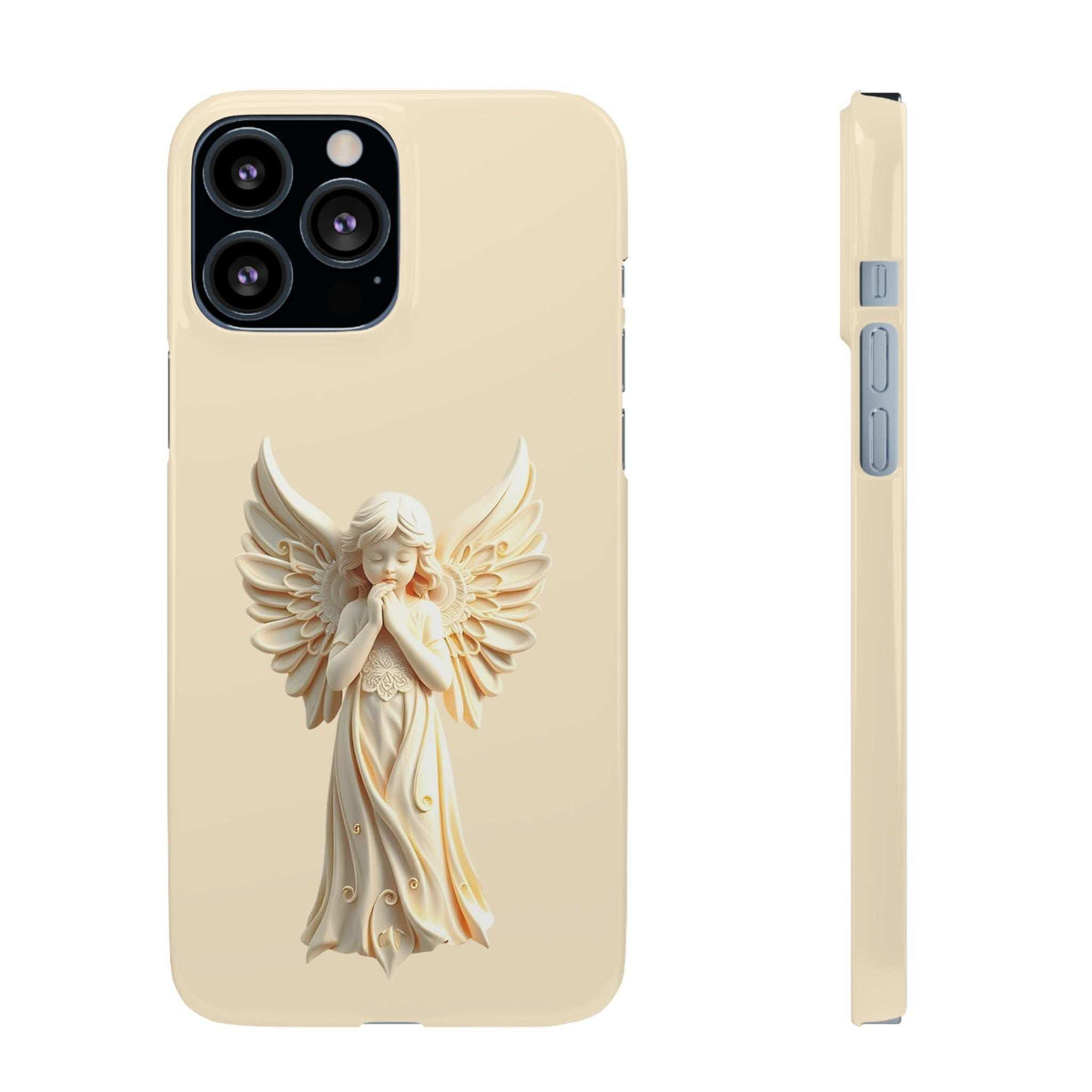 Beige phone case with a bowed angel cherub design and camera module cutout