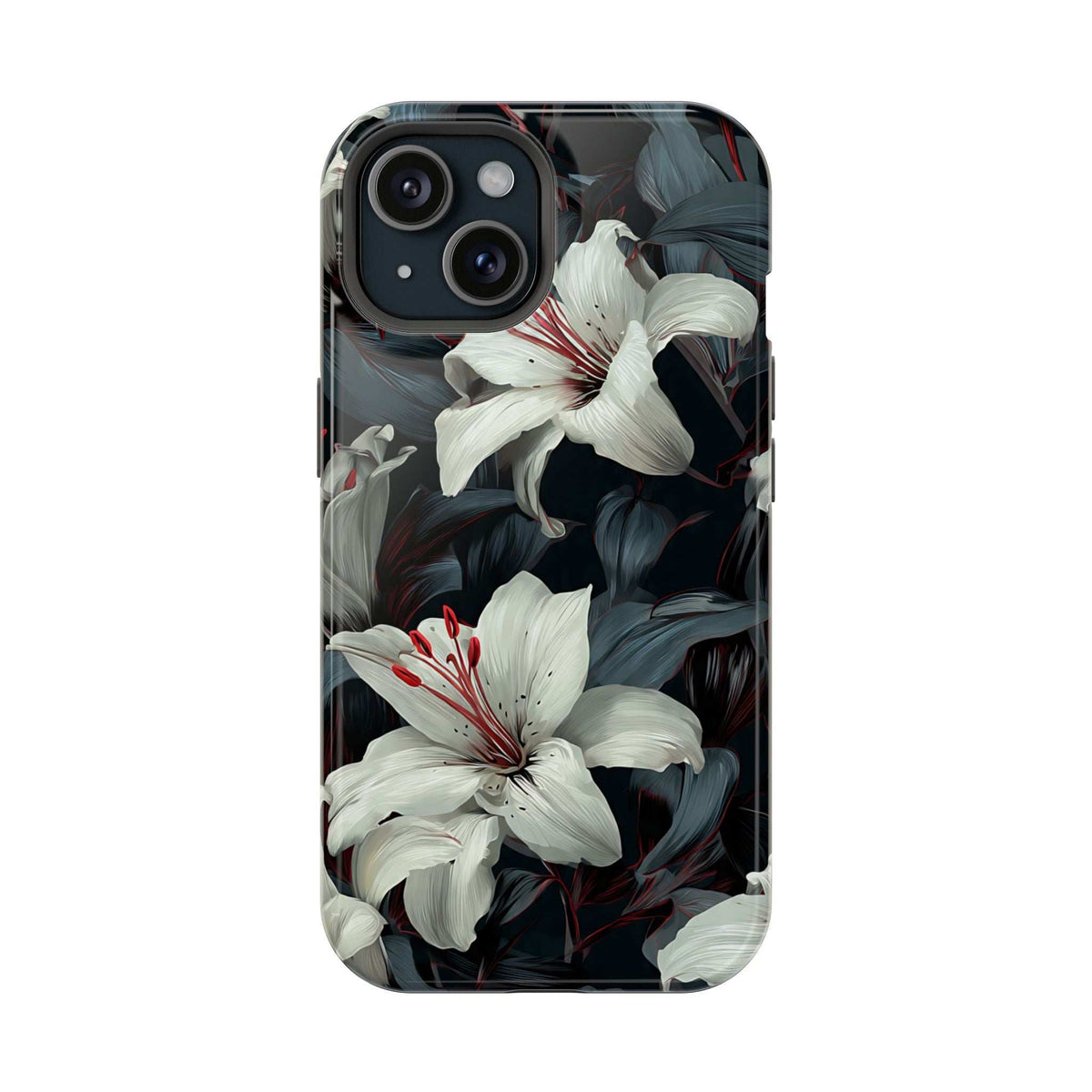 Phone case front view with large white lily blossoms and dark leaf background pattern.