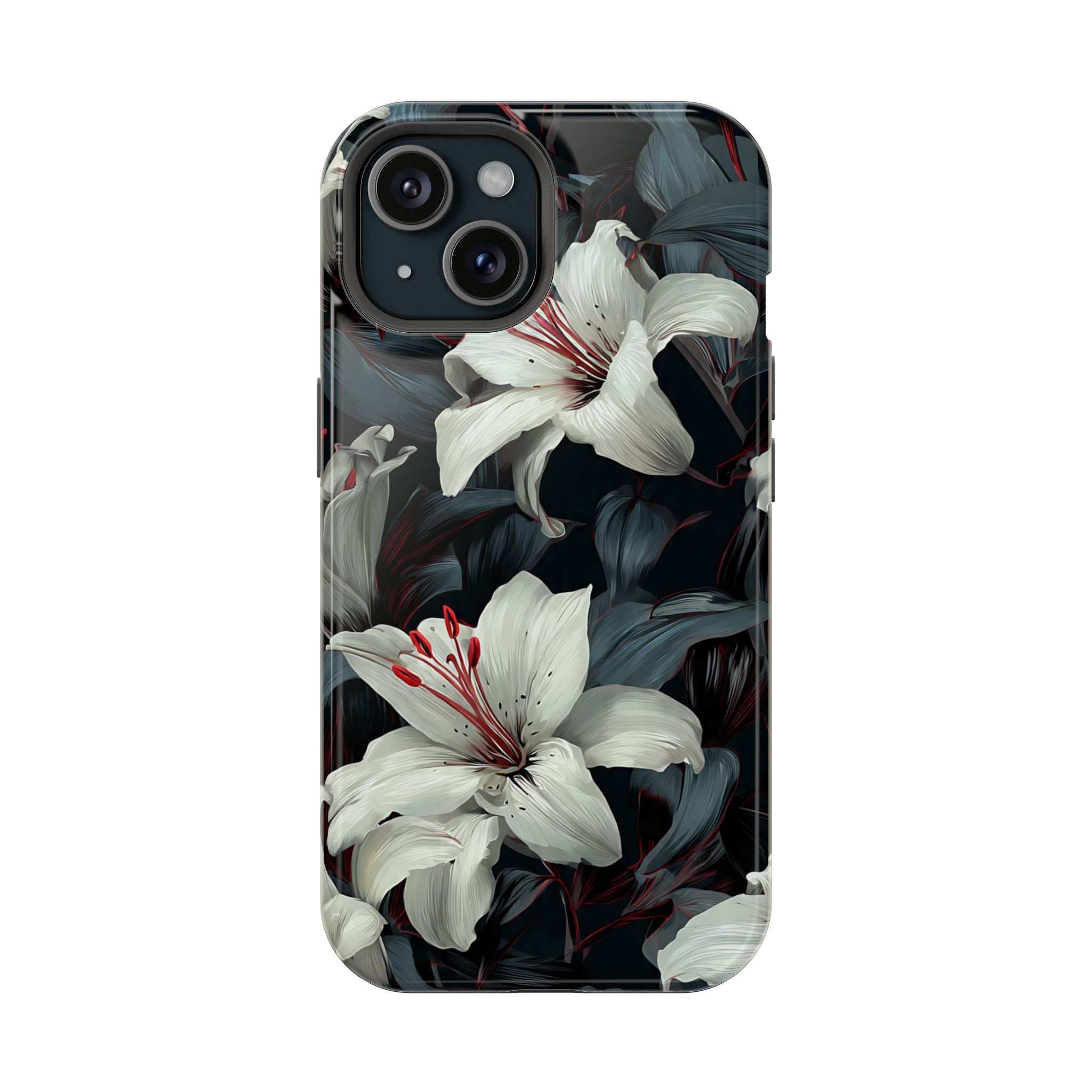 Phone case front view with large white lily blossoms and dark leaf background pattern.