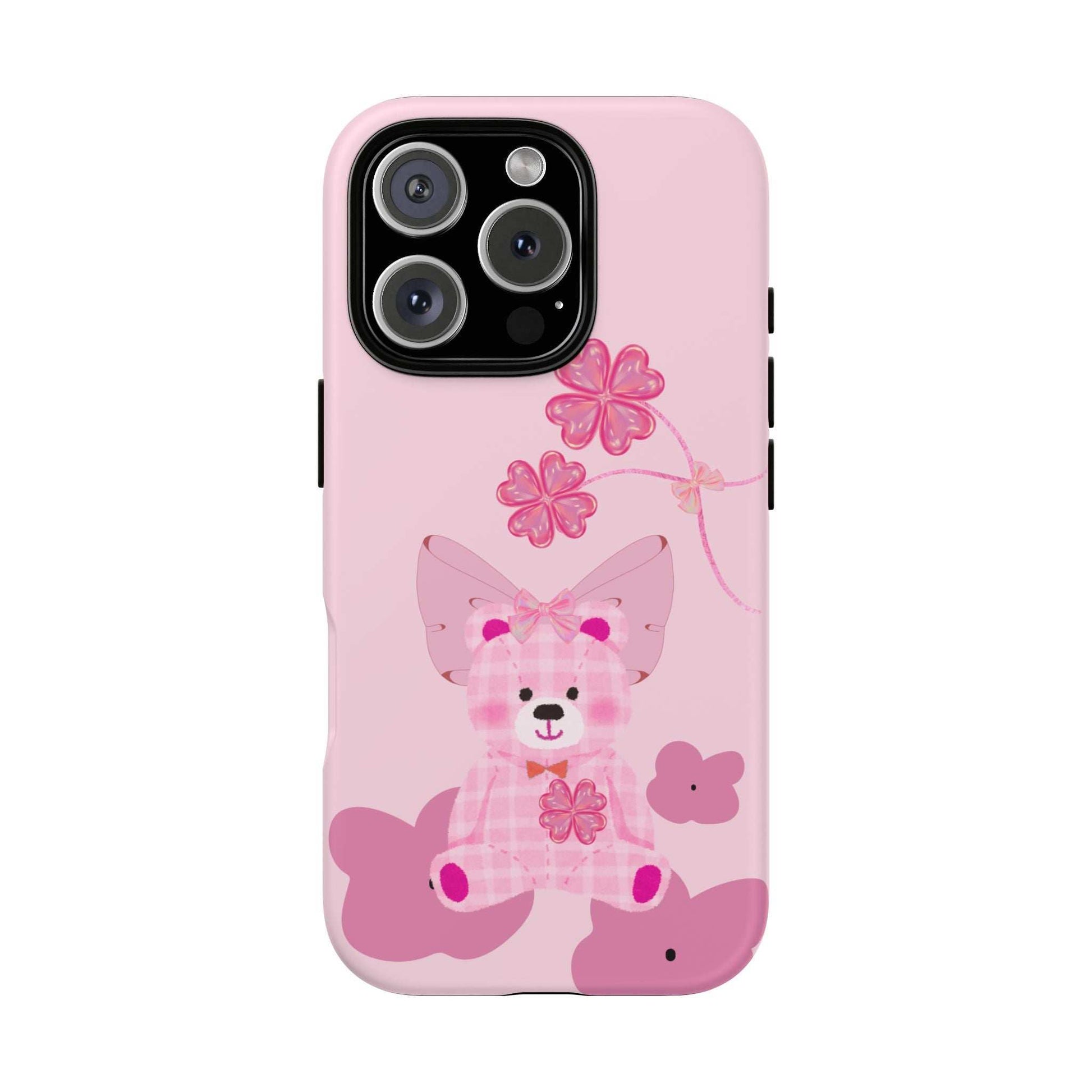 Pink phone case showing teddy bear illustration with flowers and heart details.