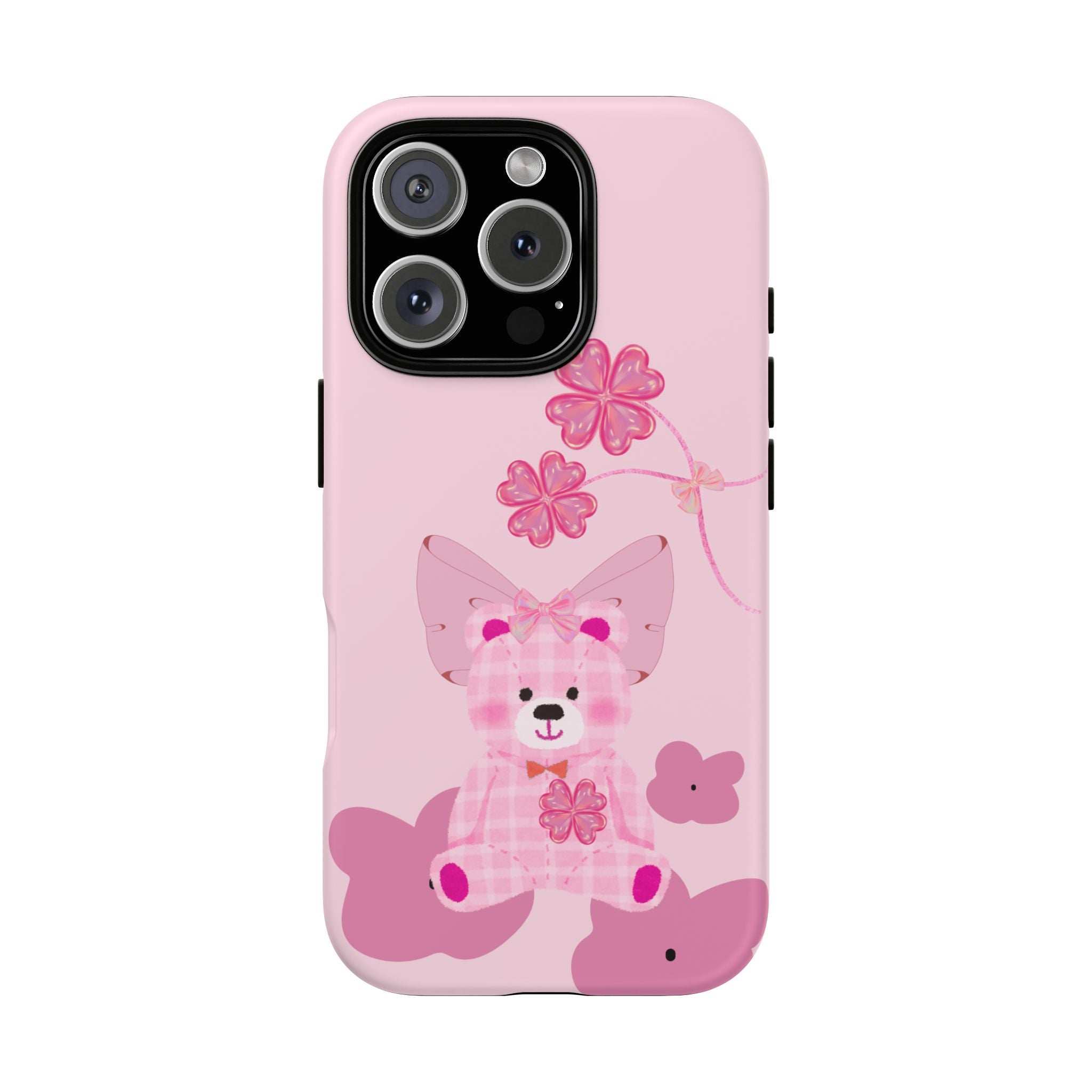 Pink phone case showing teddy bear illustration with flowers and heart details.