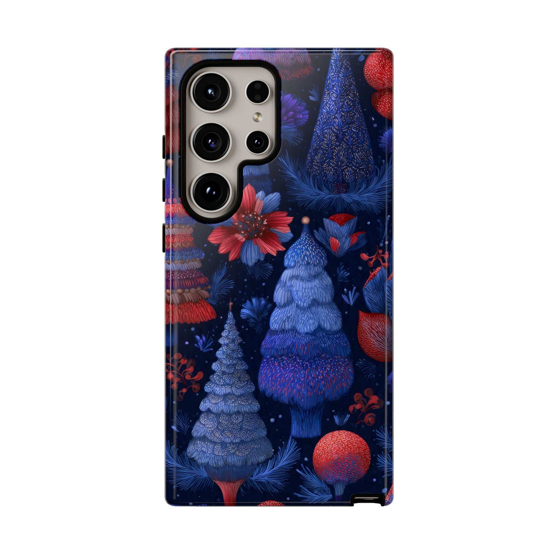 Glossy midnight blue phone case with Christmas forest trees, red ornaments, and floral accents.