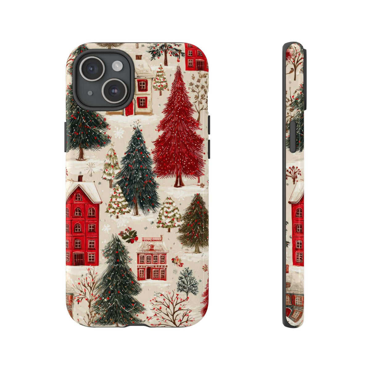 Winter village phone case with red buildings and pine trees; side view shows button openings.