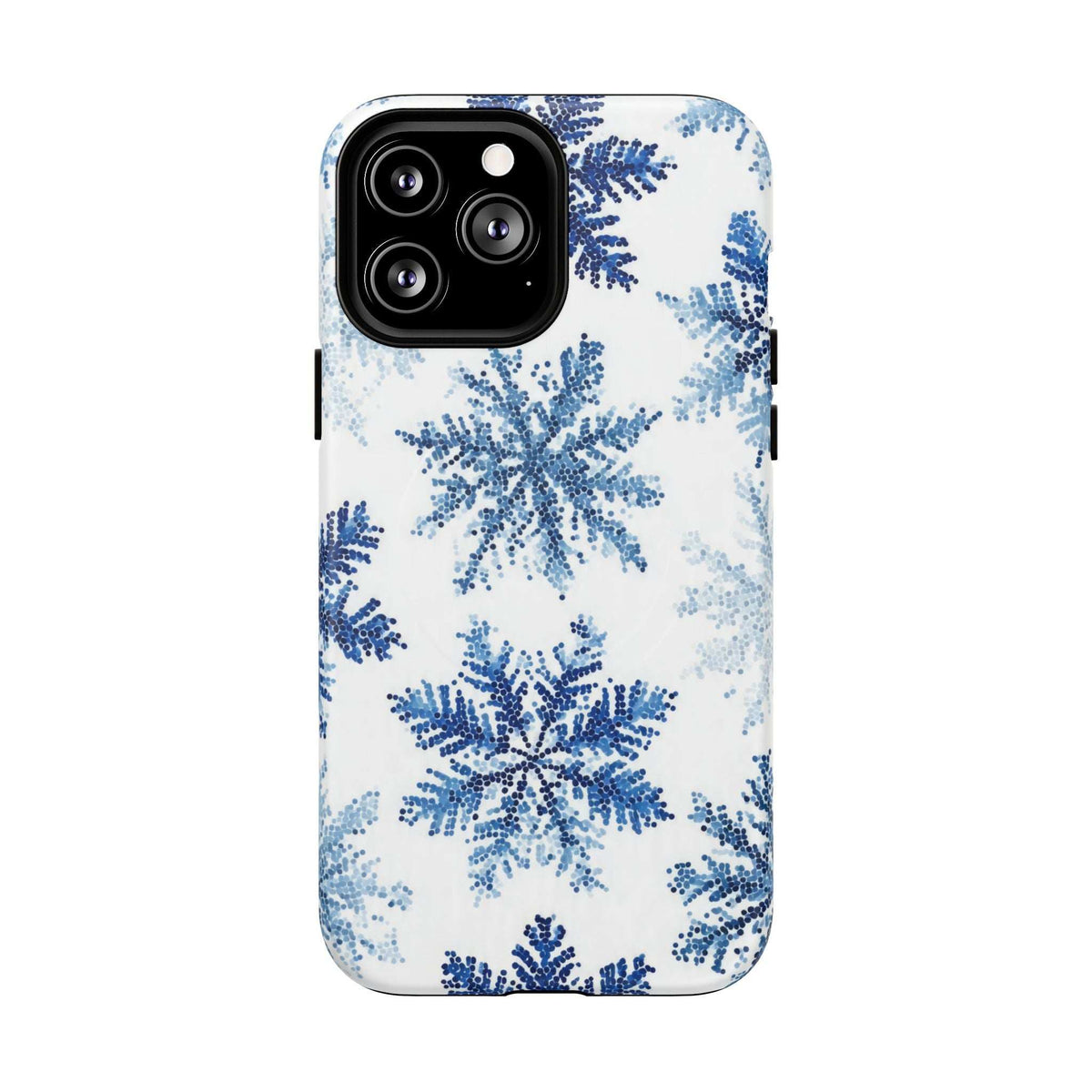 White phone case with blue snowflake pattern and camera cutout for rear lenses