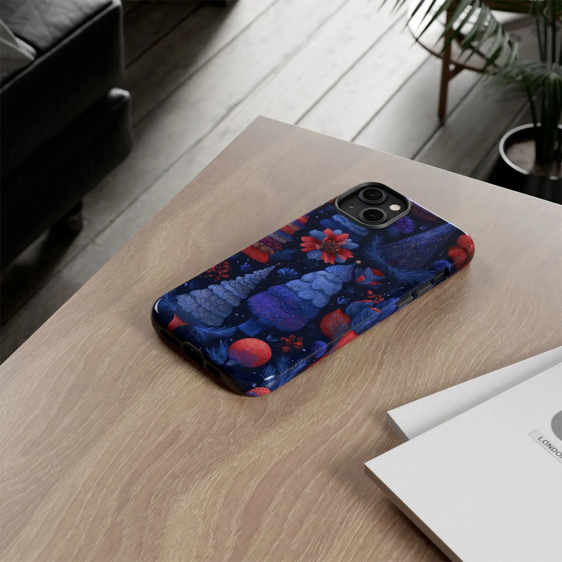 Midnight Blue Christmas Forest Phone Case for iPhone 8-17 and Galaxy S21–S25 - KARARMDESIGN