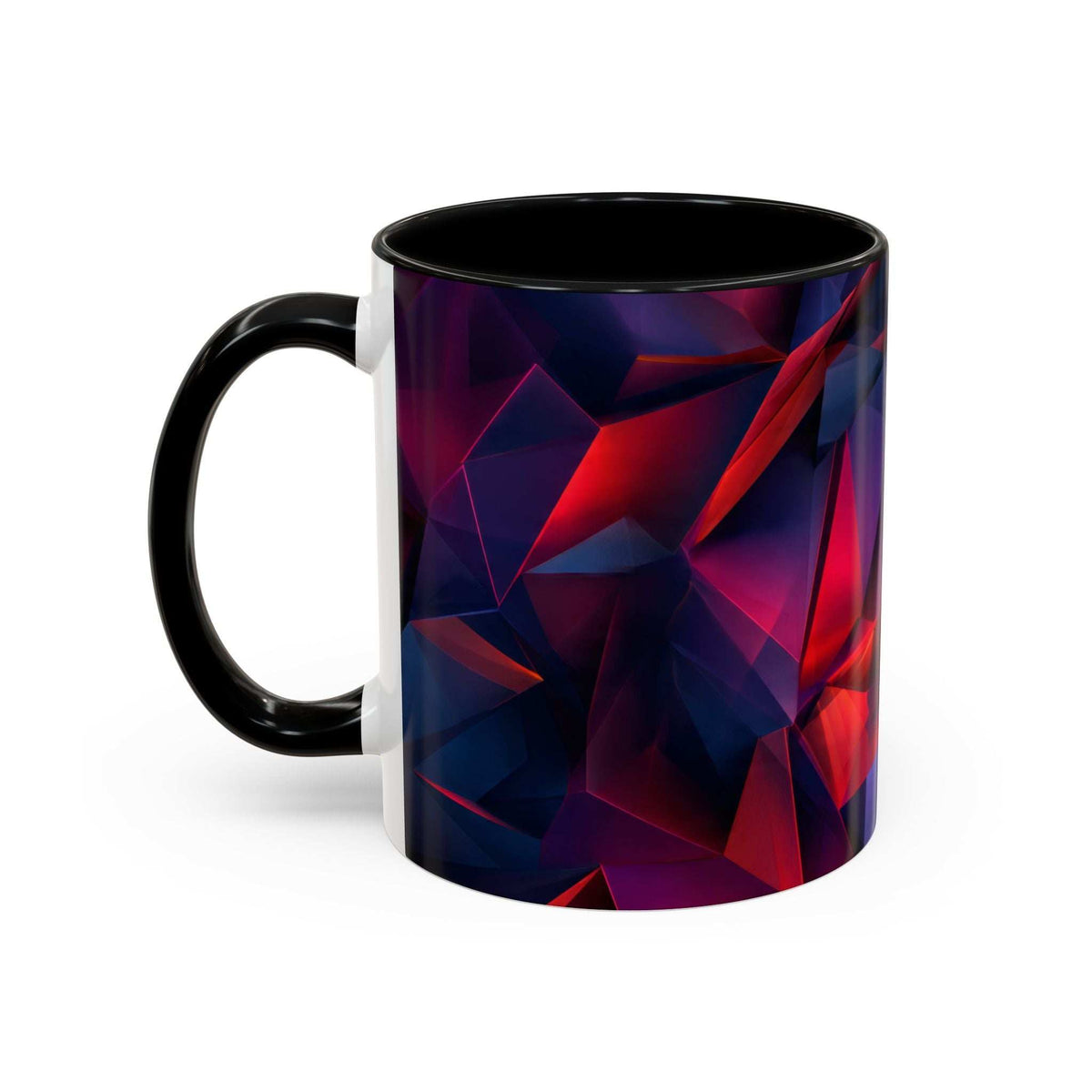 Ceramic accent mug with black handle and faceted purple/red/blue pattern, white base panel