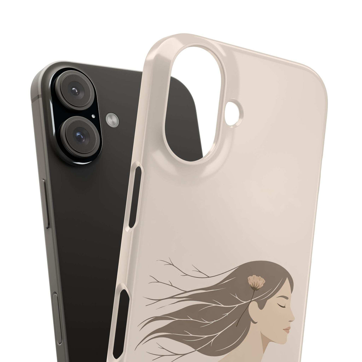 Light cream phone case with oval camera opening and flower-haired lady line art