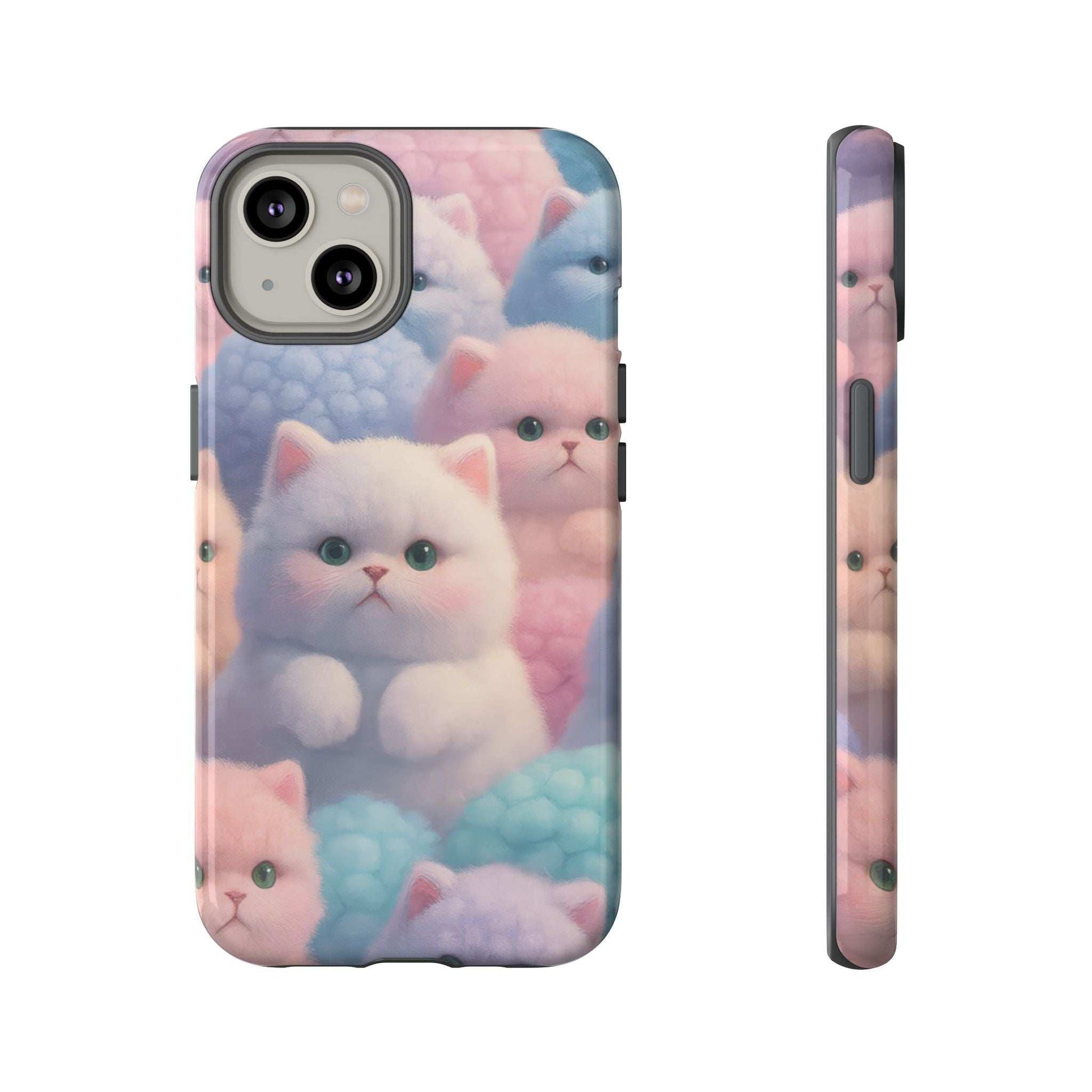 Pastel kitten phone case side view, glossy shell with button and camera cutout