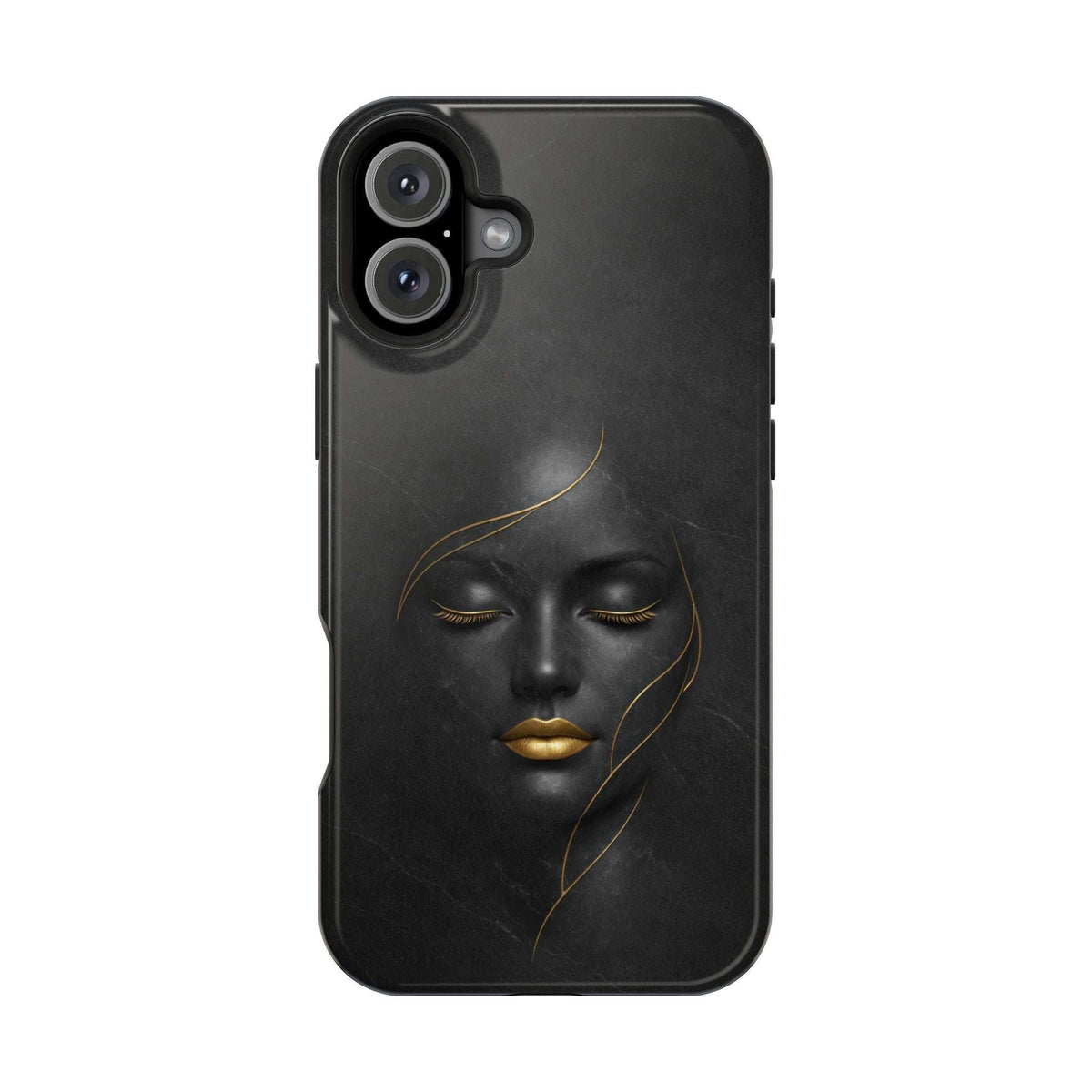Black phone case with gold face illustration and camera lens cutouts