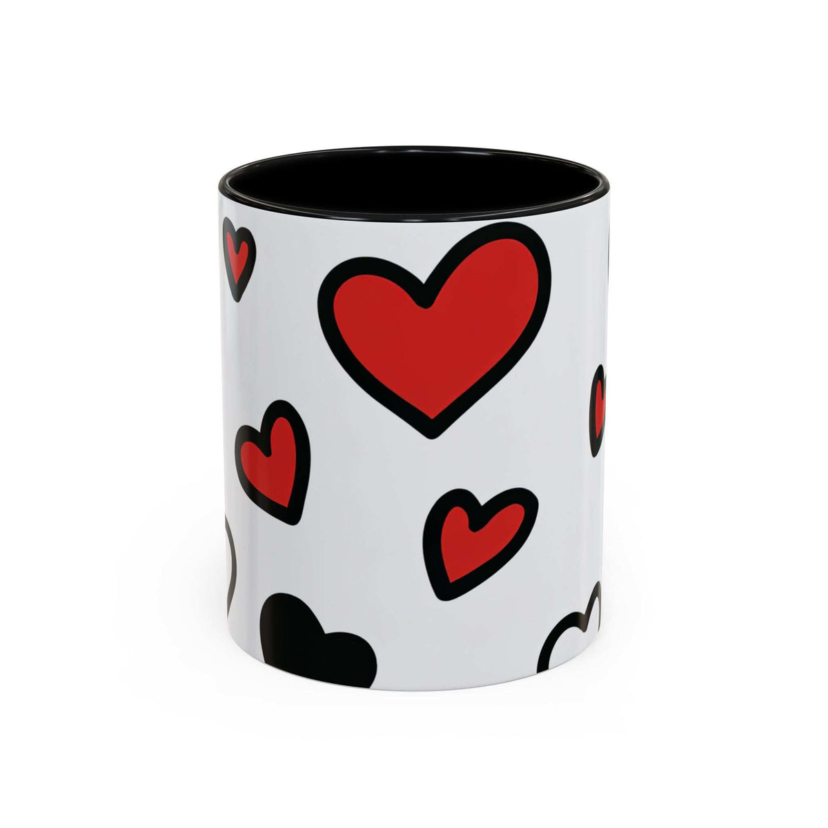 Love-themed accent coffee mug, white body with red hearts and black interior