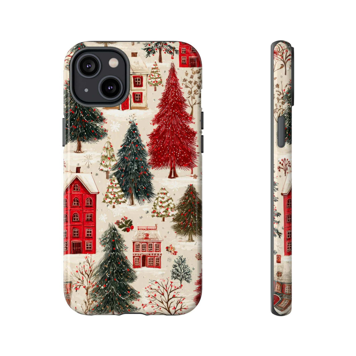 Winter village phone case with snowy street and red trees, with camera cutouts and buttons