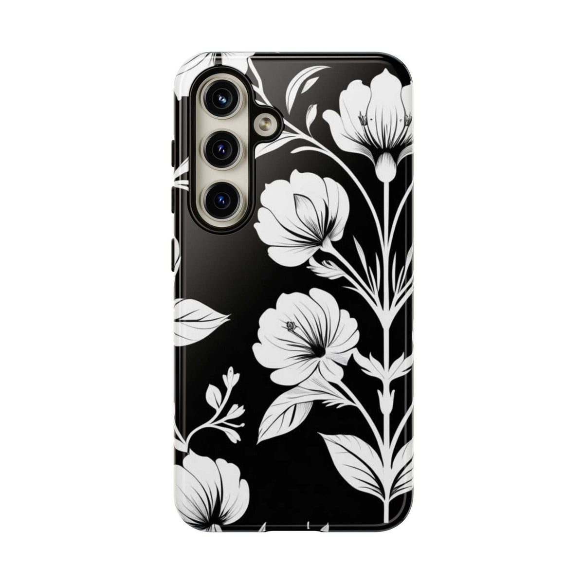 Floral phone case with black background and white blossoms; camera openings on back
