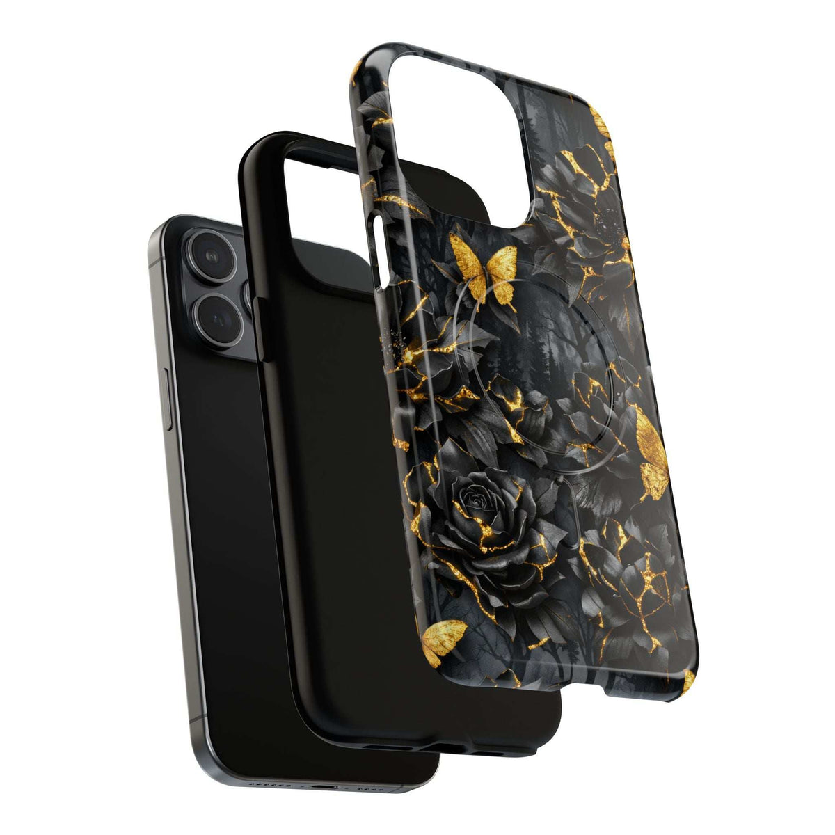 Close angled view: black phone case with gold floral details, butterfly, and gold crack accents.