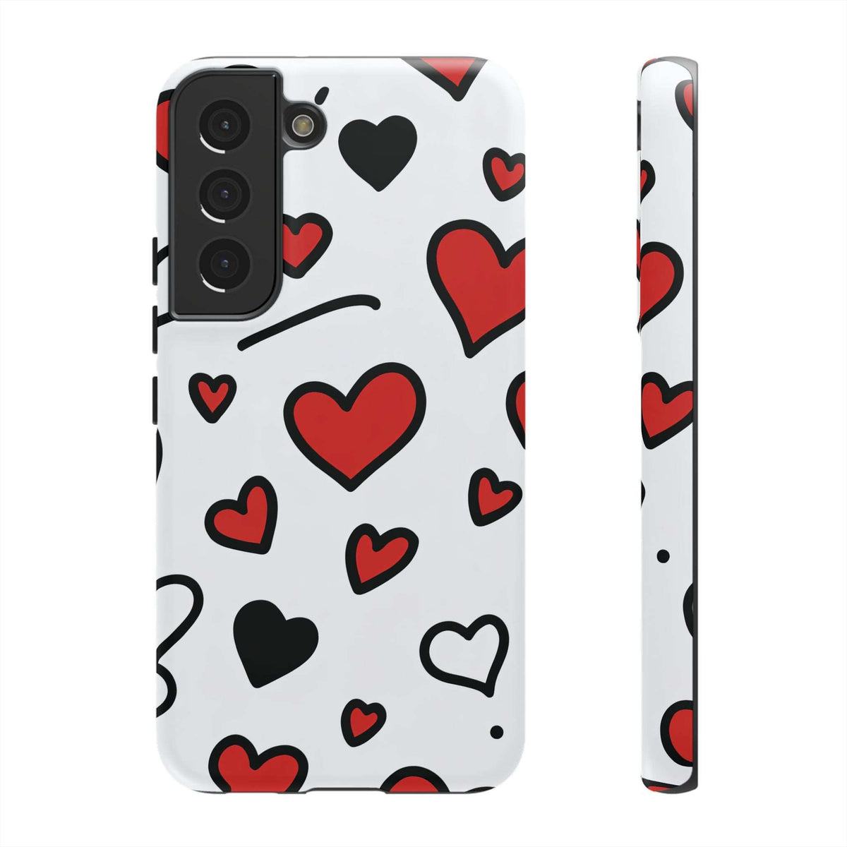 Phone case with scattered red and black hearts pattern on white, with camera cutouts