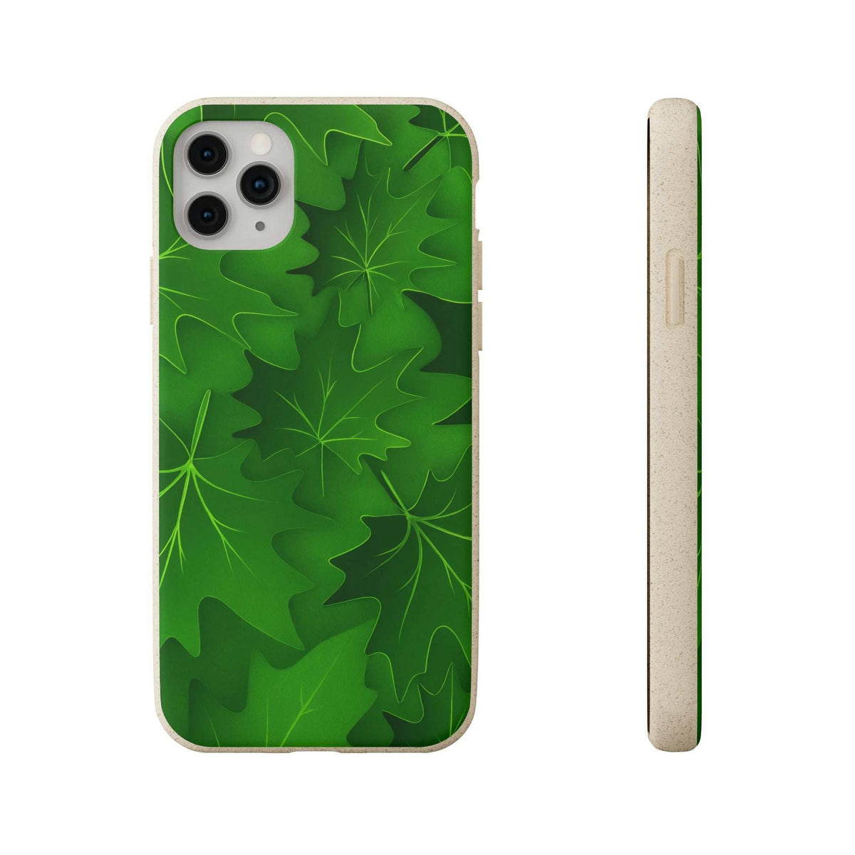 Phone case with green botanical leaf pattern, back view with camera cutout and side