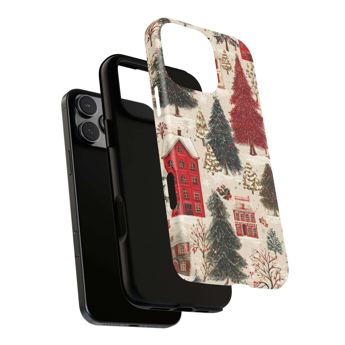Winter village phone case with red houses and trees, front and back views